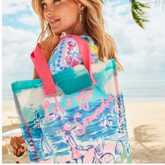 Lilly Pulitzer Handbags - Lilly Pulitzer Mesh Beach Tote Bag Blue Pink Let's Go Somewhere Bicycle Preppy
